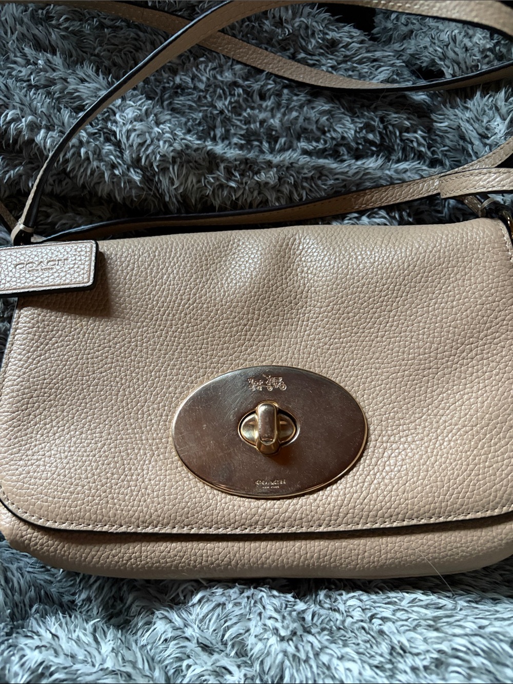 Coach Pebbled Leather Turnlock Crossbody - Taupe